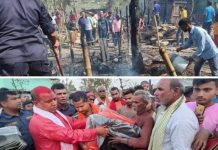 सर्लाहीको धनकौलमा आगलागी,१३ घर जल्याे ; सभापति र मन्त्री सिंहले गरे : पीडित परिवारलाई सहयोग
